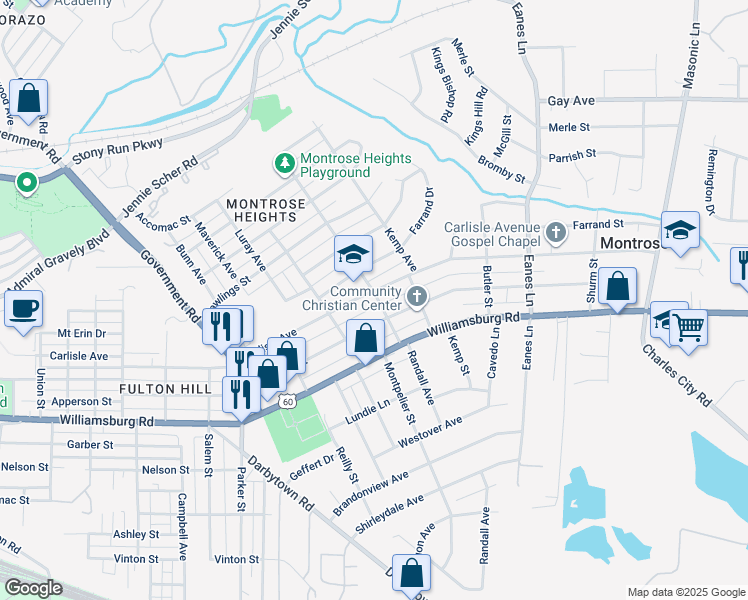 map of restaurants, bars, coffee shops, grocery stores, and more near 2023 Carlisle Avenue in Richmond
