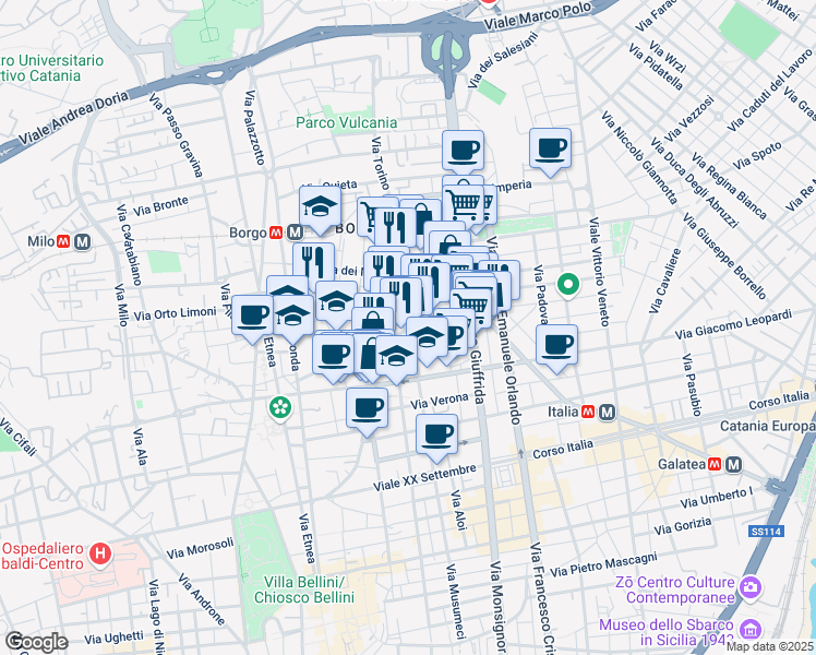 map of restaurants, bars, coffee shops, grocery stores, and more near 224 Via Matteo Renato Imbriani in Catania