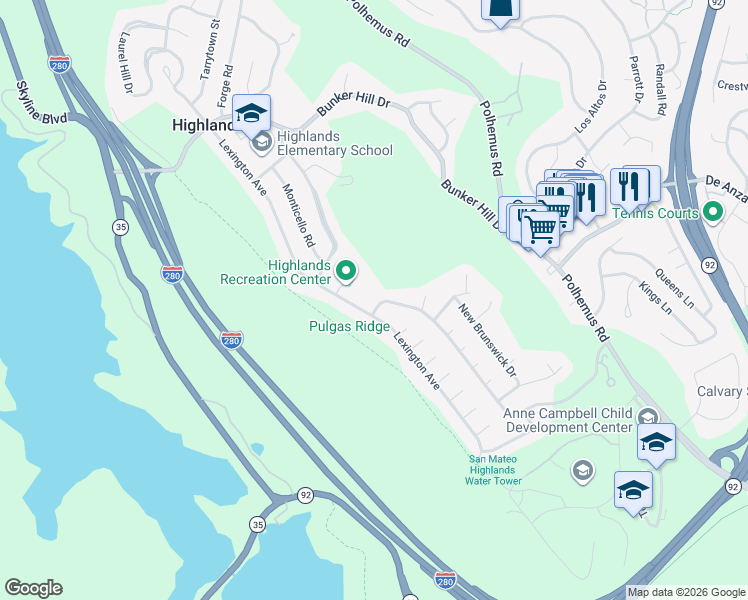 map of restaurants, bars, coffee shops, grocery stores, and more near 1907 Ticonderoga Drive in San Mateo