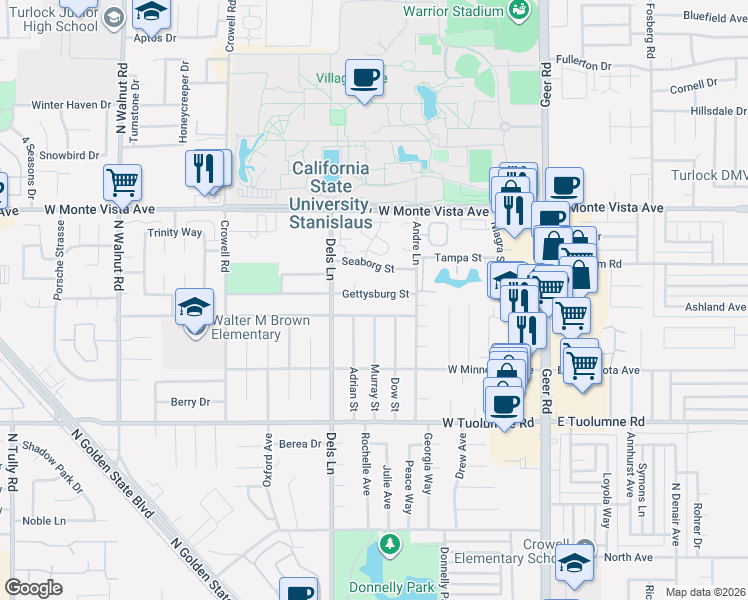 map of restaurants, bars, coffee shops, grocery stores, and more near 2920 Hughes Court in Turlock