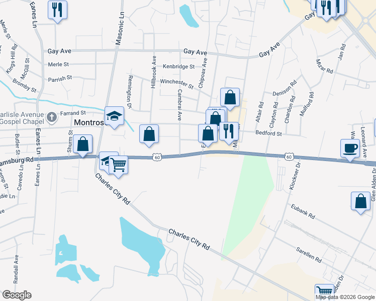 map of restaurants, bars, coffee shops, grocery stores, and more near 3207 Chesham Street in Richmond