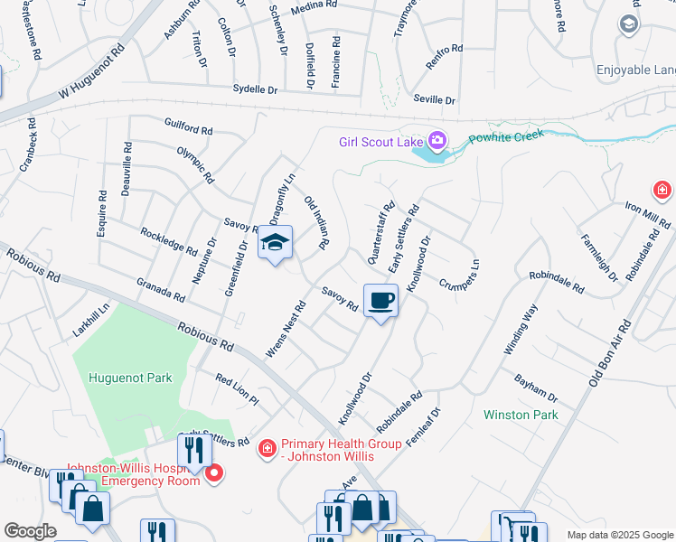 map of restaurants, bars, coffee shops, grocery stores, and more near 10611 Wrens Nest Court in Richmond