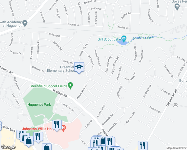 map of restaurants, bars, coffee shops, grocery stores, and more near 2112 Wrens Nest Road in Richmond