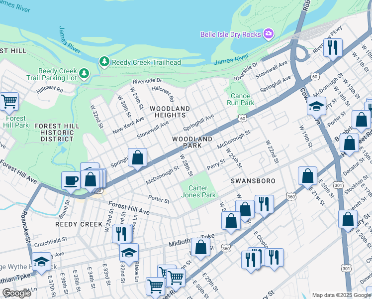 map of restaurants, bars, coffee shops, grocery stores, and more near in Richmond