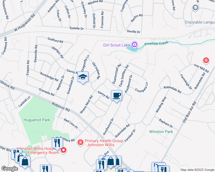 map of restaurants, bars, coffee shops, grocery stores, and more near 10608 Wrens Nest Court in Richmond
