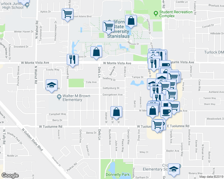map of restaurants, bars, coffee shops, grocery stores, and more near 2920 Hughes Court in Turlock