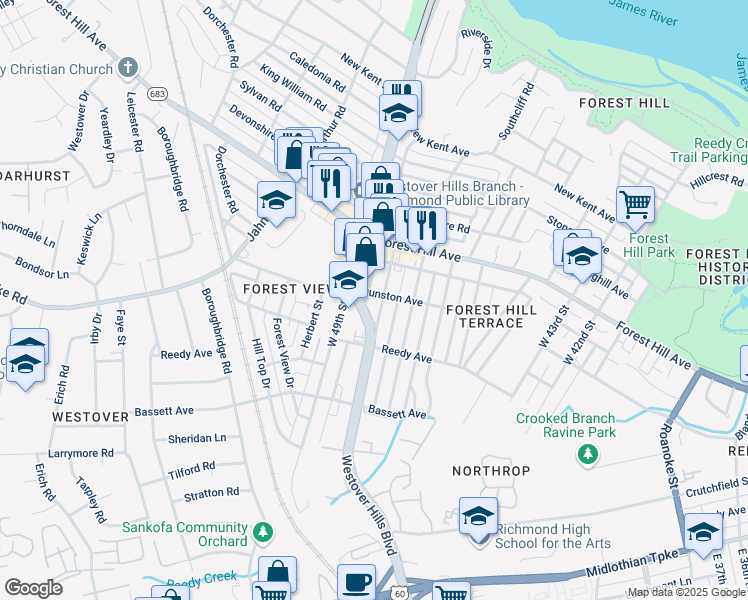 map of restaurants, bars, coffee shops, grocery stores, and more near 1207 Virginia 161 in Richmond