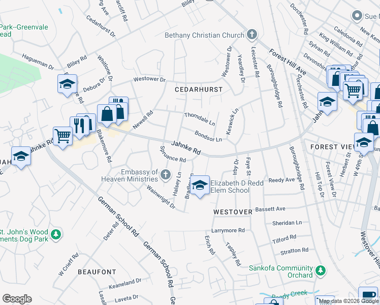 map of restaurants, bars, coffee shops, grocery stores, and more near 5720 Jahnke Road in Richmond