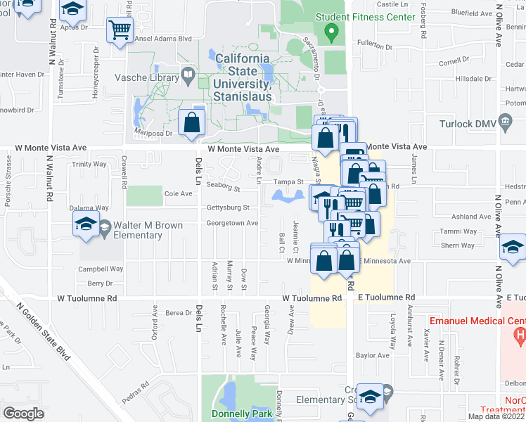 map of restaurants, bars, coffee shops, grocery stores, and more near 2860 Andre Lane in Turlock