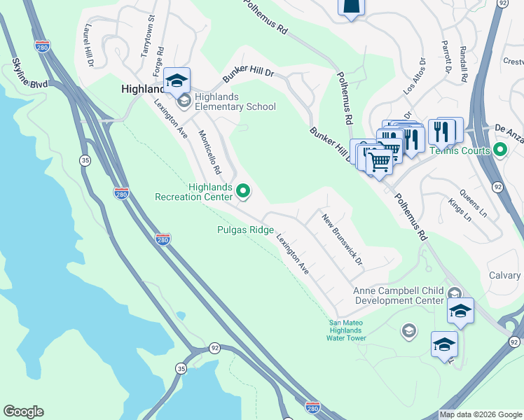 map of restaurants, bars, coffee shops, grocery stores, and more near 1907 Ticonderoga Drive in San Mateo