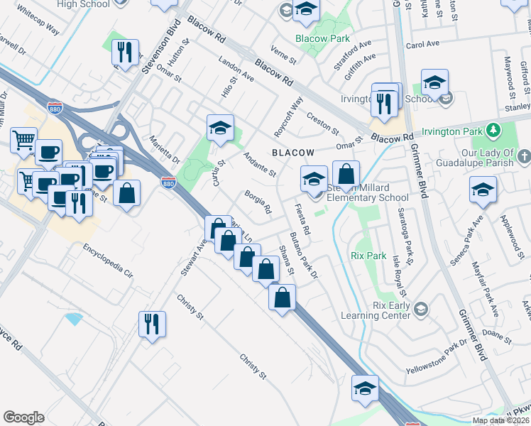 map of restaurants, bars, coffee shops, grocery stores, and more near 5467 Borgia Road in Fremont