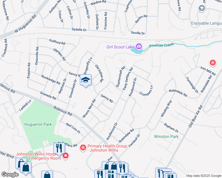 map of restaurants, bars, coffee shops, grocery stores, and more near 10608 Wrens Nest Court in Richmond