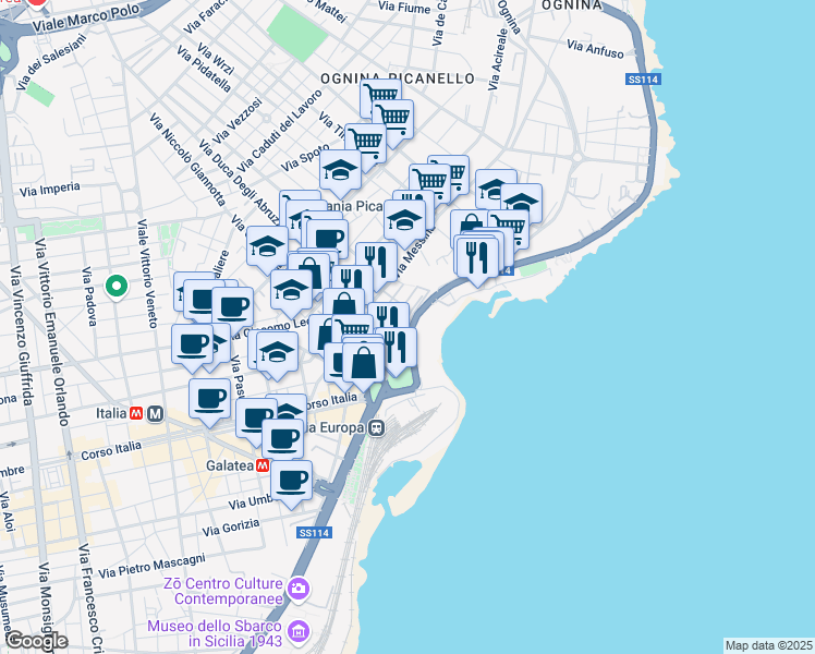 map of restaurants, bars, coffee shops, grocery stores, and more near 24 Via Parramuto in Catania
