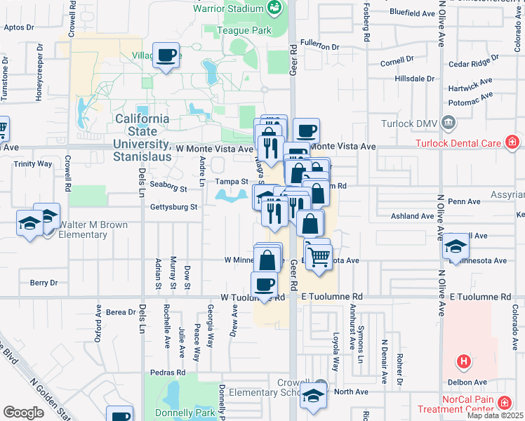 map of restaurants, bars, coffee shops, grocery stores, and more near 130 Regis Street in Turlock