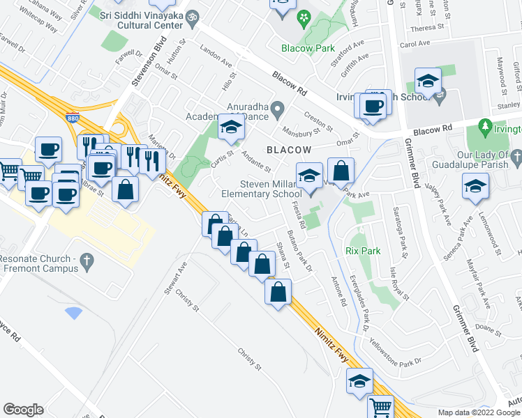 map of restaurants, bars, coffee shops, grocery stores, and more near 5467 Borgia Road in Fremont