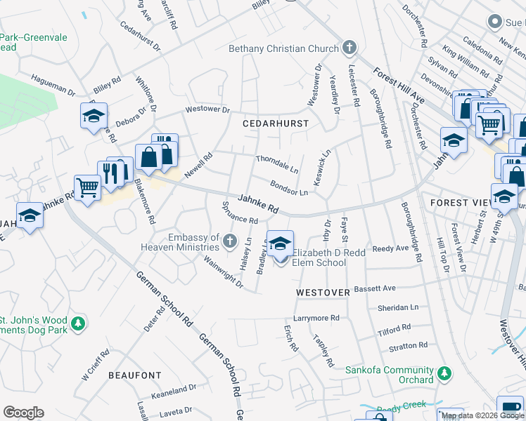 map of restaurants, bars, coffee shops, grocery stores, and more near 5720 Jahnke Road in Richmond