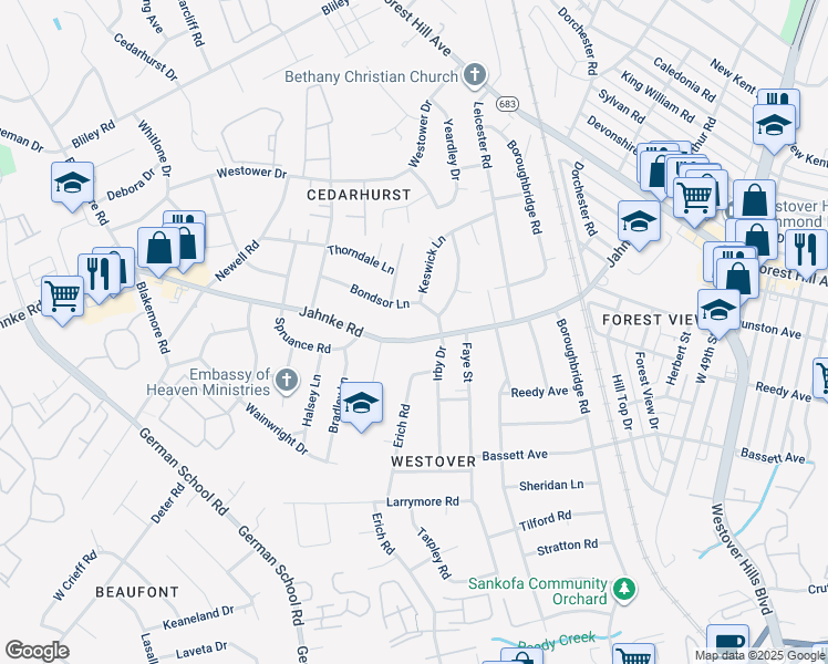 map of restaurants, bars, coffee shops, grocery stores, and more near 5524 Jahnke Road in Richmond