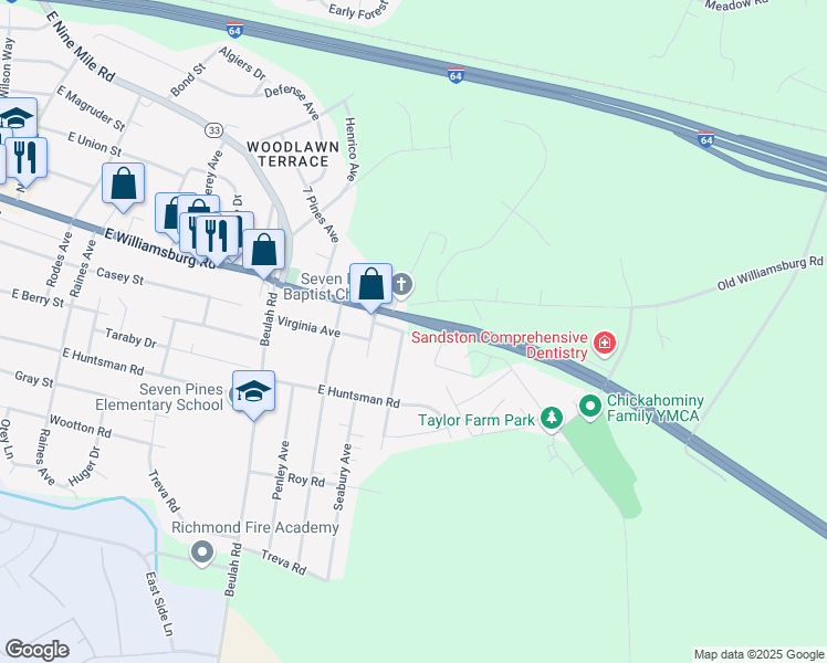 map of restaurants, bars, coffee shops, grocery stores, and more near 805 East Williamsburg Road in Sandston