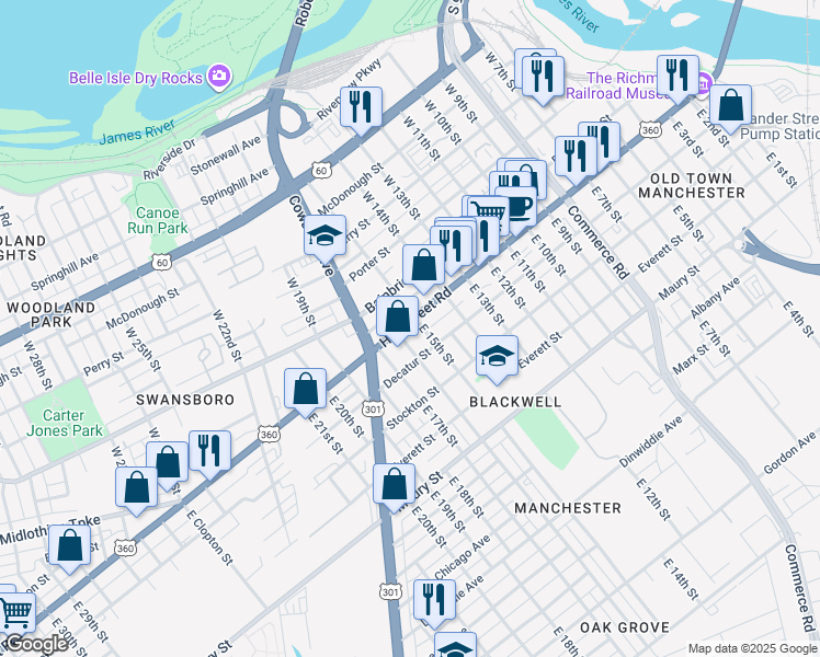 map of restaurants, bars, coffee shops, grocery stores, and more near 1427 U.S. 360 in Richmond