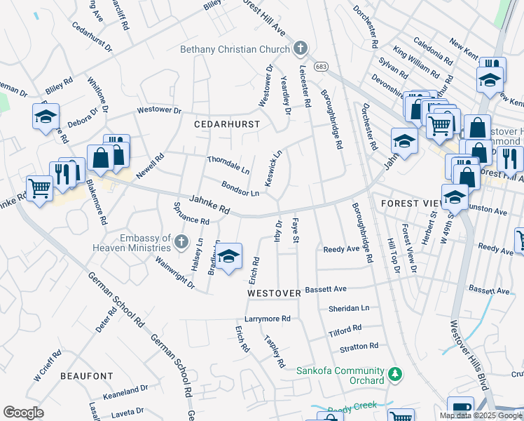 map of restaurants, bars, coffee shops, grocery stores, and more near 5524 Jahnke Road in Richmond