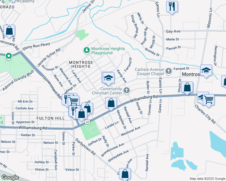 map of restaurants, bars, coffee shops, grocery stores, and more near 2023 Carlisle Avenue in Richmond