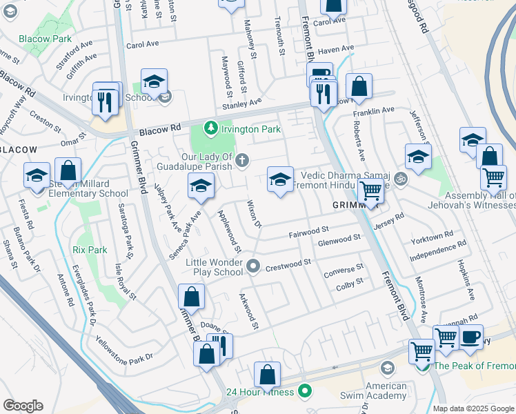 map of restaurants, bars, coffee shops, grocery stores, and more near 42875 Gatewood Street in Fremont