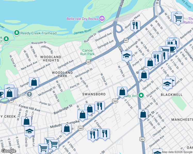 map of restaurants, bars, coffee shops, grocery stores, and more near 2209 Perry Street in Richmond