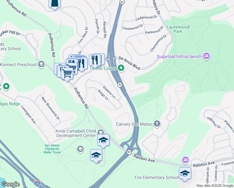 map of restaurants, bars, coffee shops, grocery stores, and more near 2056 Fairmont Drive in San Mateo