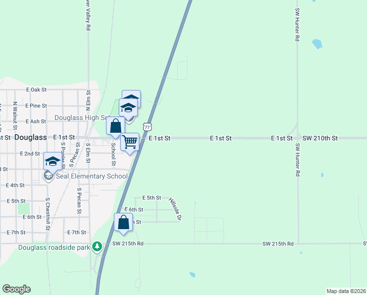 map of restaurants, bars, coffee shops, grocery stores, and more near 1121 East 1st Street in Douglass
