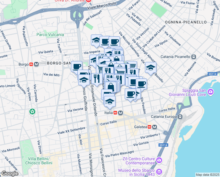 map of restaurants, bars, coffee shops, grocery stores, and more near 14 Via Vicenza in Catania