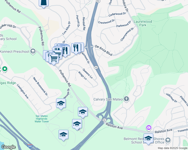 map of restaurants, bars, coffee shops, grocery stores, and more near 2056 Fairmont Drive in San Mateo