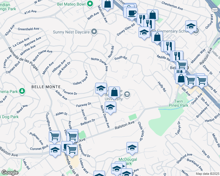 map of restaurants, bars, coffee shops, grocery stores, and more near 1518 Folger Drive in Belmont