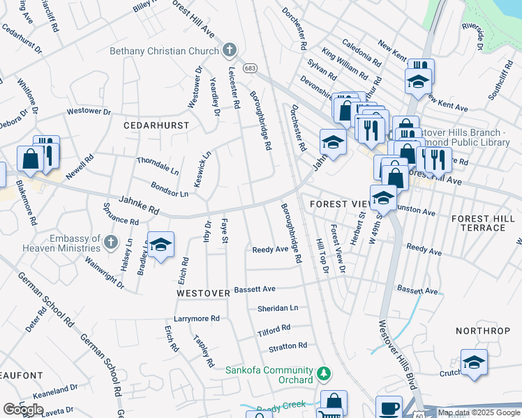 map of restaurants, bars, coffee shops, grocery stores, and more near 1054 Leicester Road in Richmond