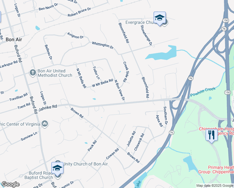 map of restaurants, bars, coffee shops, grocery stores, and more near 1438 North Bon View Drive in Richmond