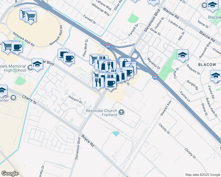 map of restaurants, bars, coffee shops, grocery stores, and more near 6026 Stevenson Boulevard in Fremont
