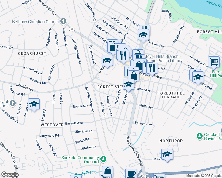 map of restaurants, bars, coffee shops, grocery stores, and more near 5012 Clarence Street in Richmond