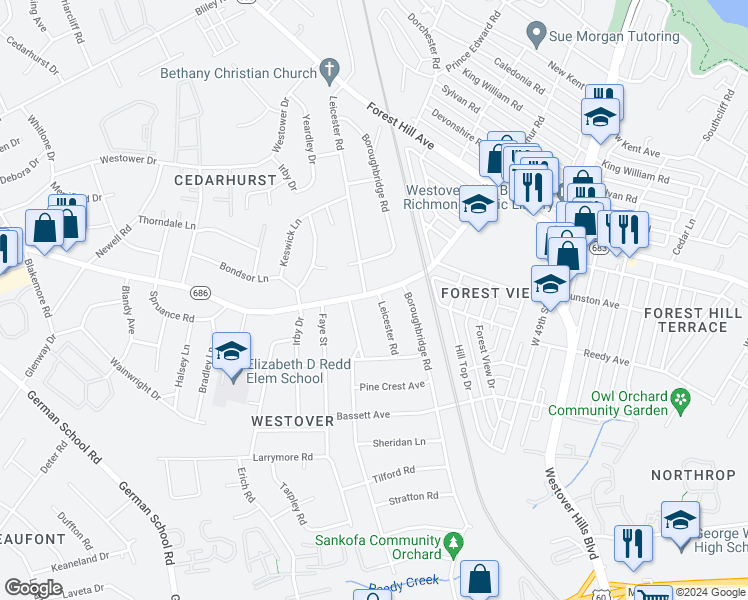 map of restaurants, bars, coffee shops, grocery stores, and more near 1054 Leicester Road in Richmond