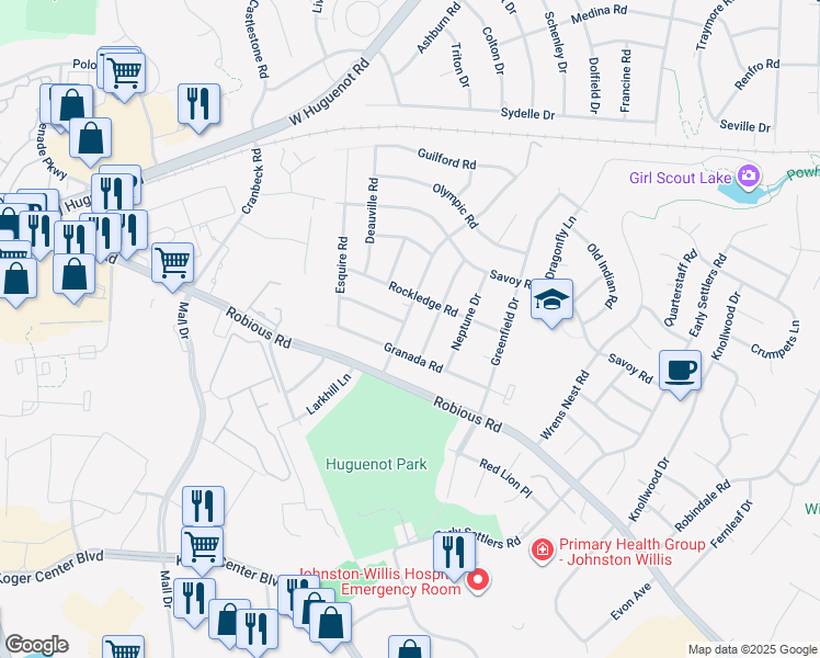 map of restaurants, bars, coffee shops, grocery stores, and more near 1943 Woodmont Drive in Richmond