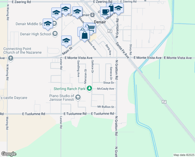 map of restaurants, bars, coffee shops, grocery stores, and more near 2805 Serramonte Street in Denair
