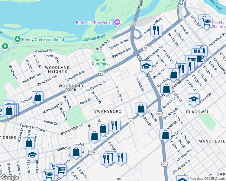 map of restaurants, bars, coffee shops, grocery stores, and more near 2206 Perry Street in Richmond
