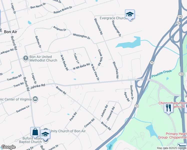 map of restaurants, bars, coffee shops, grocery stores, and more near 1438 North Bon View Drive in Richmond