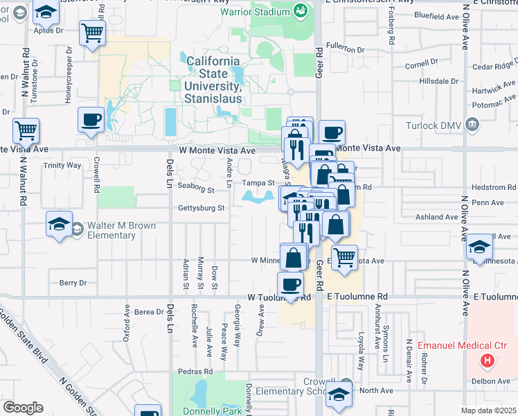 map of restaurants, bars, coffee shops, grocery stores, and more near 2905 Niagra Street in Turlock