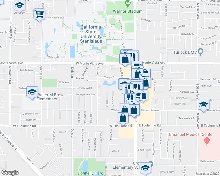 map of restaurants, bars, coffee shops, grocery stores, and more near 2925 Niagra Street in Turlock