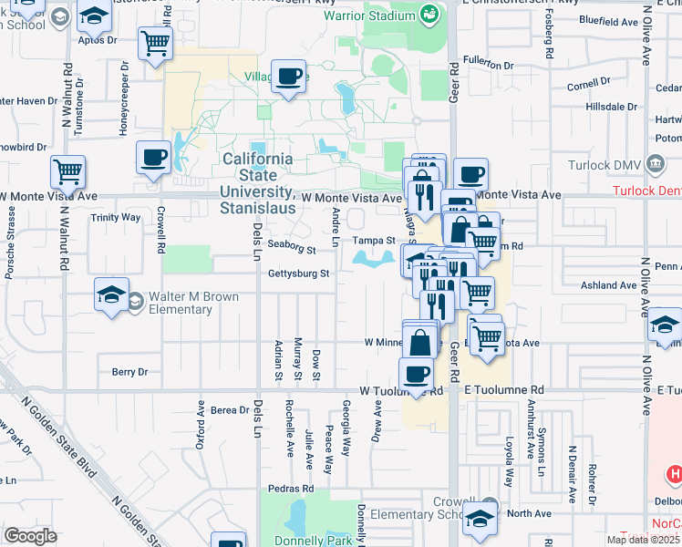 map of restaurants, bars, coffee shops, grocery stores, and more near 2900 Andre Lane in Turlock
