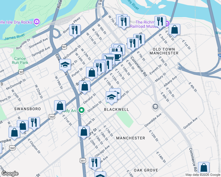 map of restaurants, bars, coffee shops, grocery stores, and more near 1214 Decatur Street in Richmond