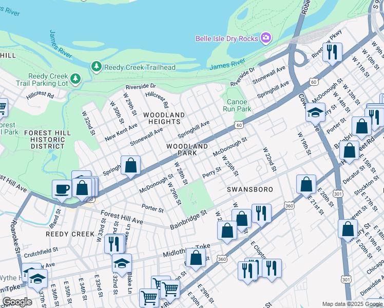 map of restaurants, bars, coffee shops, grocery stores, and more near in Richmond