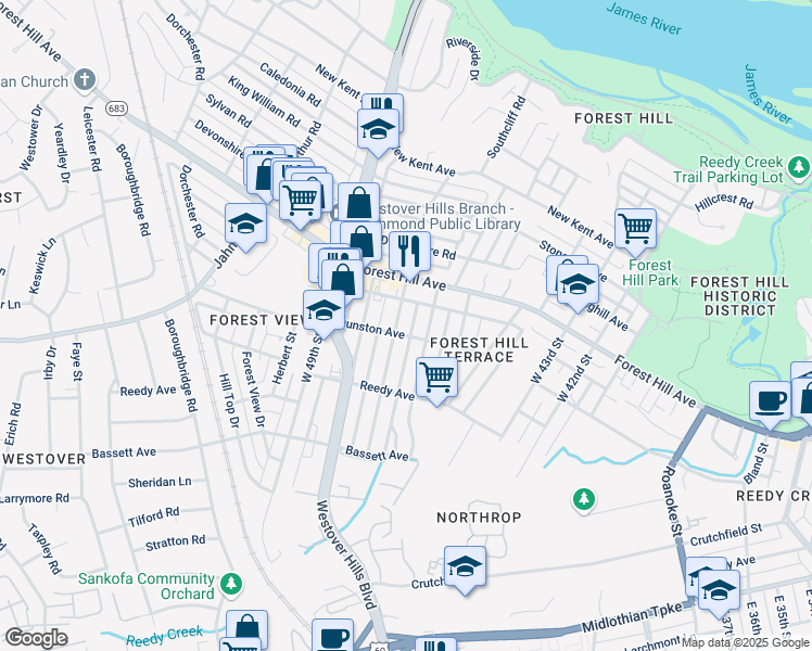 map of restaurants, bars, coffee shops, grocery stores, and more near 1203 West 47th Street in Richmond