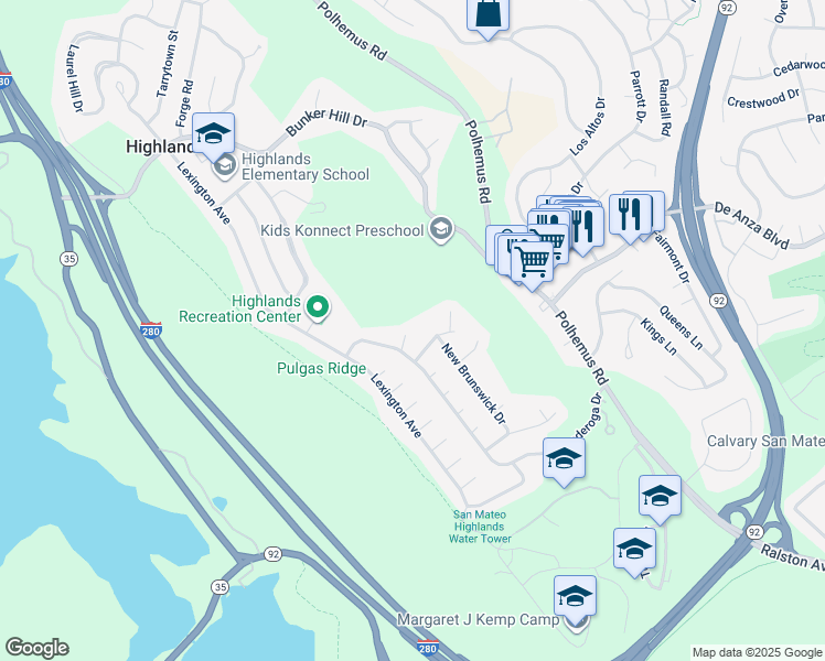 map of restaurants, bars, coffee shops, grocery stores, and more near 30 Amboy Court in San Mateo