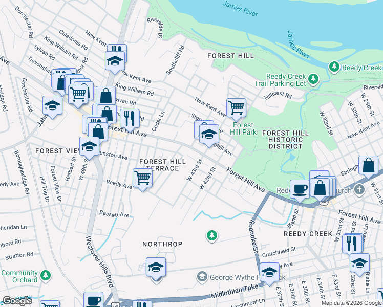 map of restaurants, bars, coffee shops, grocery stores, and more near 4314 Forest Hill Avenue in Richmond