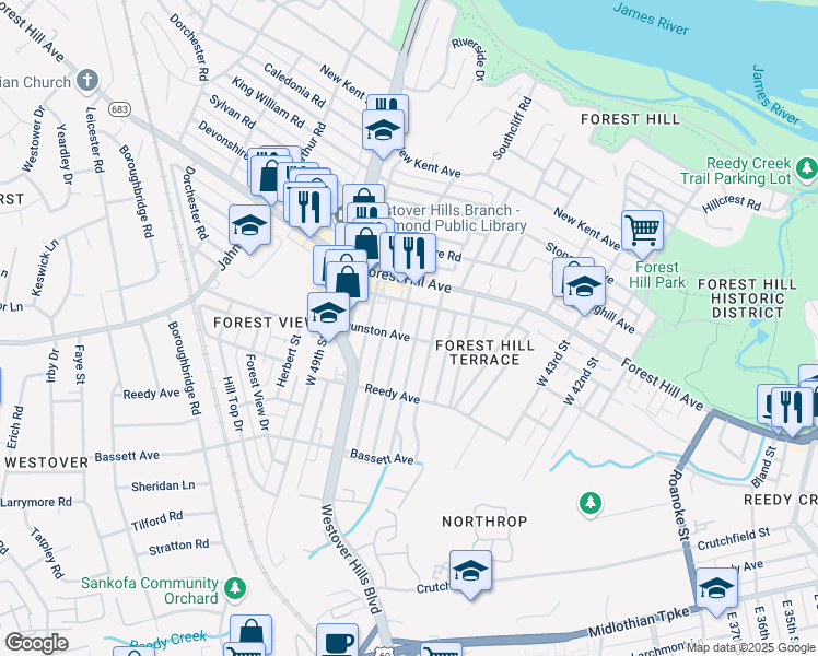 map of restaurants, bars, coffee shops, grocery stores, and more near 1203 West 47th Street in Richmond